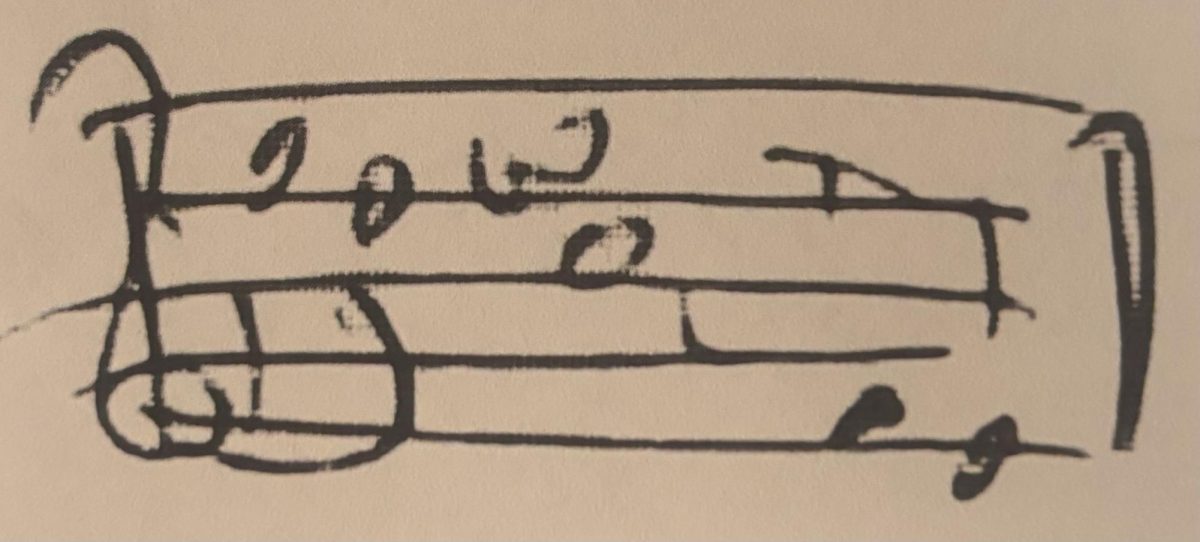 Mr. Wolfe's famous signature where he used the notes on the treble clef to write his name in his student's yearbooks.
'e' 'd' WOL 'f' 'e'