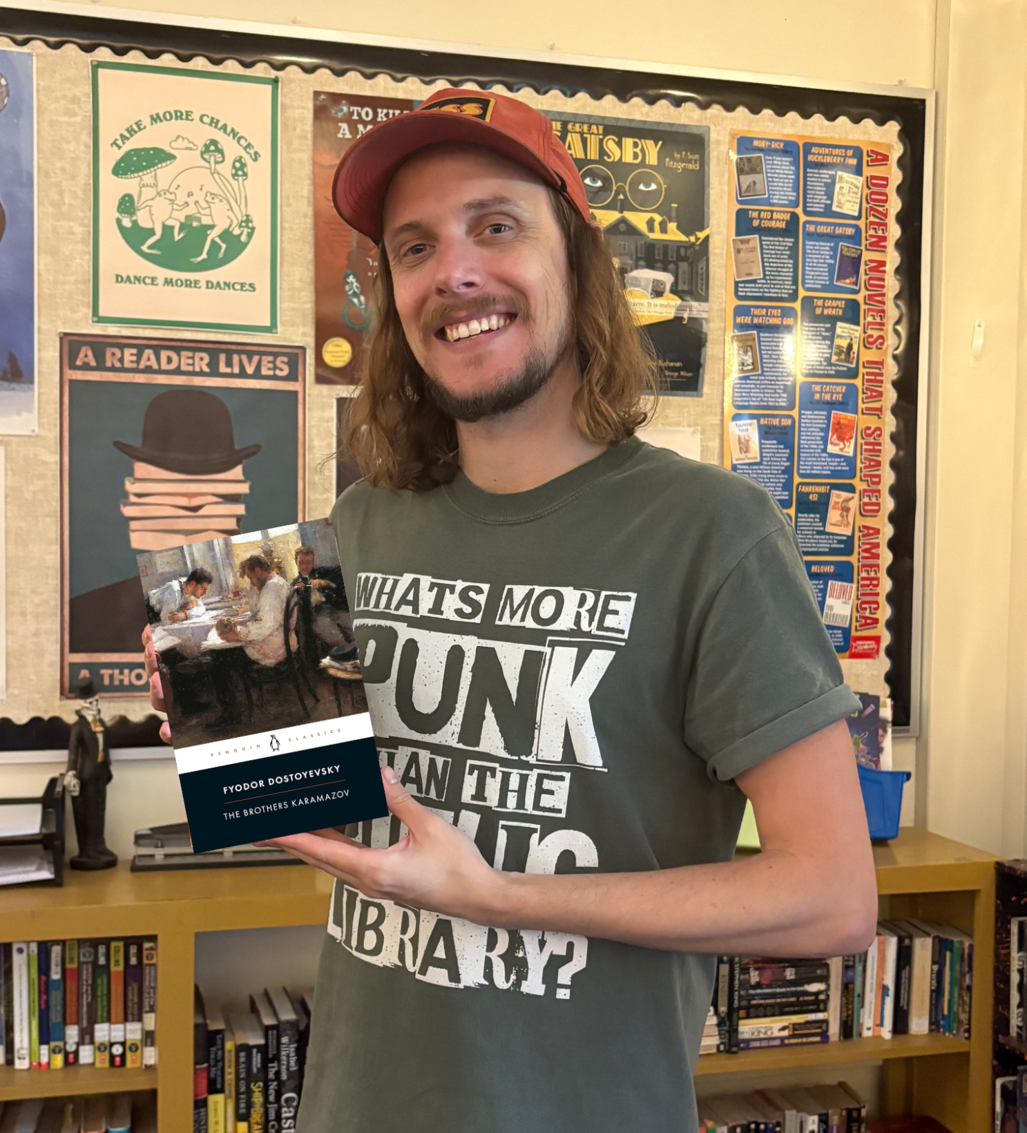 Mr. Sill with his favorite book, The Brothers Karamazov